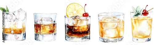 Watercolor illustration of five different cocktails