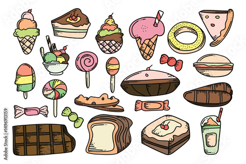 Delightful array of cartoon-style desserts and sweets featuring ice cream, cake, candy, and