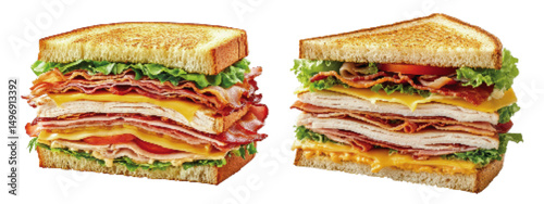 Layered deli sandwiches with assorted meats, cheese, lettuce, and tomato, served on toasted bread, visually appealing arrangement