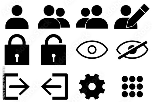 Set of black UI icons user, group, login, logout, lock, unlock, view, hide, setting, option user. Flat vector style on white background, perfect for apps, website and  software interface. icons vector