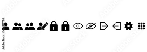 Set of black UI icons user, group, login, logout, lock, unlock, view, hide, setting, option user. Flat vector style on white background, perfect for apps, website and  software interface. icons vector