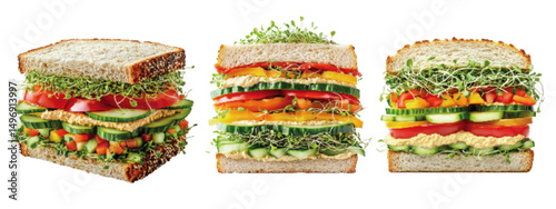 Colorful layers of fresh vegetables and sprouts in healthy, vibrant sandwiches on a white background