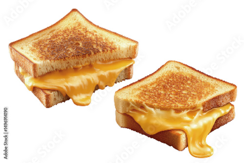 Classic grilled cheese sandwiches with melted cheese oozing from between toasted bread slices on a white background