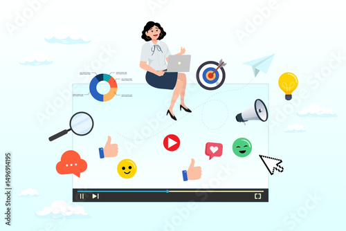 Woman with laptop working on social content, content strategy marketing, creativity for digital advertising, online social media engagement, audience analysis or planning on storytelling influencer