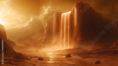 Golden sunset martian waterfall alien landscape