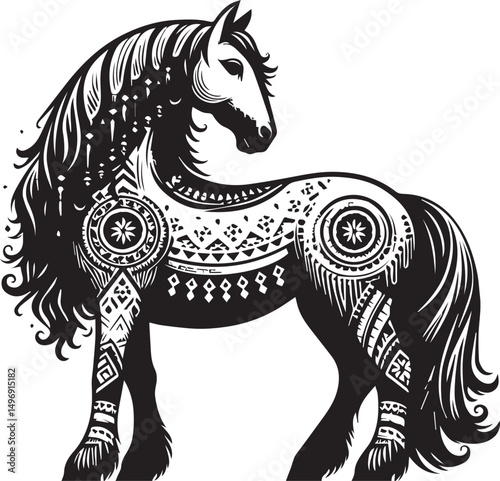 Black and White Berber Horse Vector Illustration – High-Quality Line Art Design