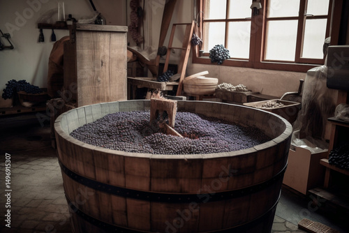 Timeless Tradition Wooden Barrel of Grapes in Rustic Winery