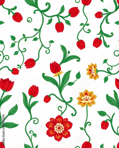 Scandinavian embroidery pattern with tulips, vines, floral bursts, symmetry.