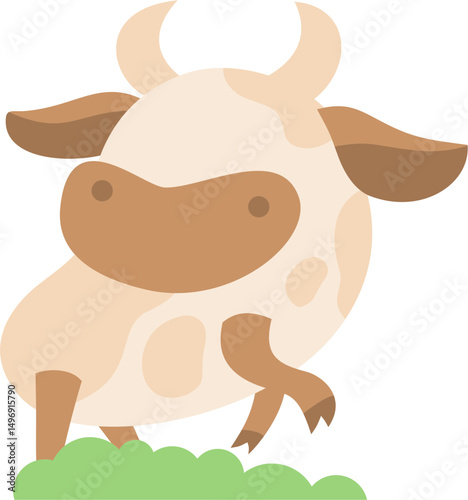Flat Design Funny Cow Animal Standing on Green Grass Illustration