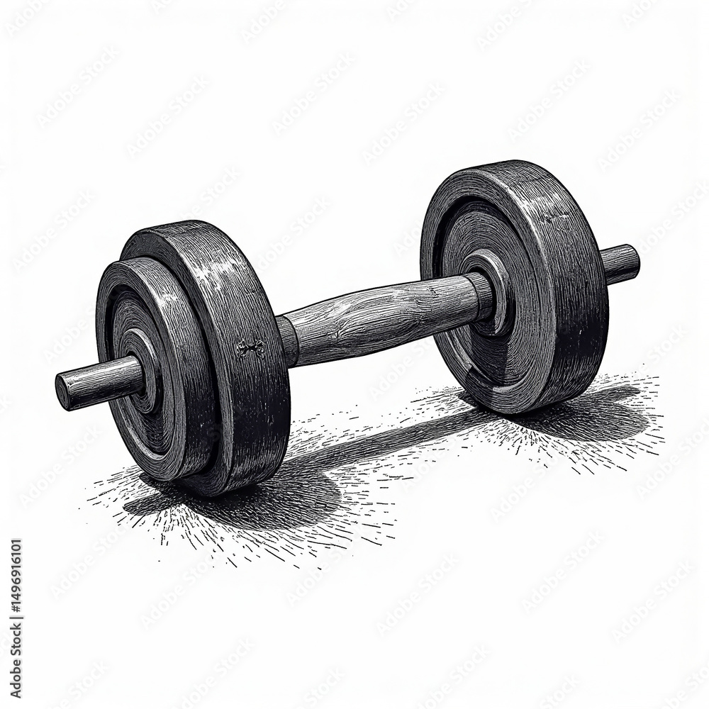 Naklejka premium Vintage Style Dumbbell on White Background for Fitness Blogs, Workout Websites, Exercise Guides, Strength Training Articles, and Social Media Fitness Content 