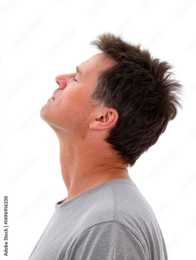 Obraz premium A man tilting his head back with closed eyes, medium closeup, isolate on white background