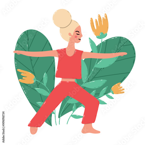 Yoga Pose Illustration Featuring Woman with Natural Elements in Background. Illustration of a woman practicing yoga surrounded by leaves and flowers, symbolizing balance and connection to nature. 
