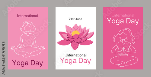 Illustration Representing International Yoga Day with Abstract Figures and Lotus Flower. Three vibrant posters depicting International Yoga Day with yoga figures and a lotus flower, emphasizing 