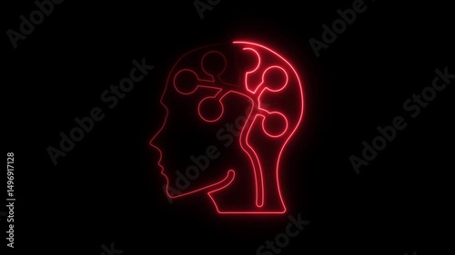 Animated brain outline with neuron connections in neon red light against black background