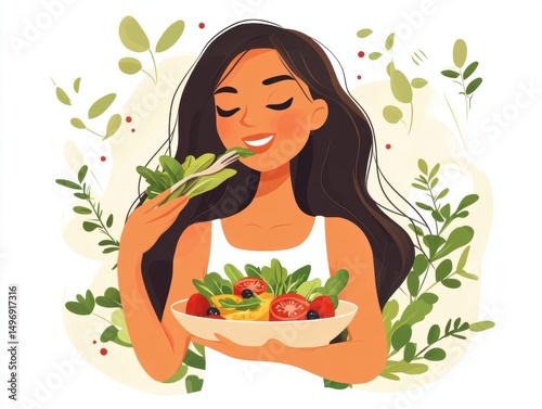 Woman enjoying a healthy salad.  Smiling, relaxed, and surrounded by nature
