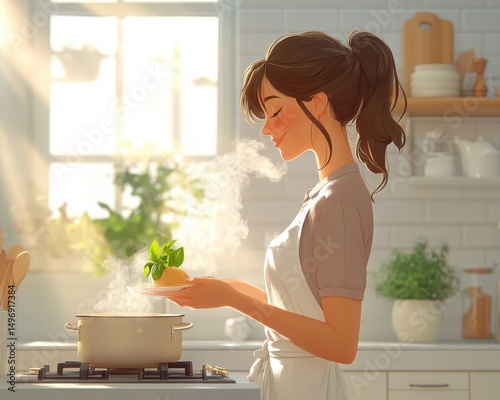 Woman enjoying a warm meal in a sunlit kitchen