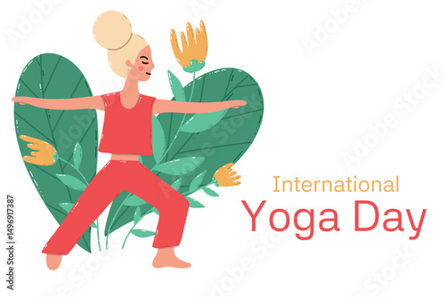 Illustration Celebrating International Yoga Day with a Woman in Warrior Pose. Colorful artwork depicting a woman practicing yoga in Warrior II pose, emphasizing health and mindfulness, with decorative