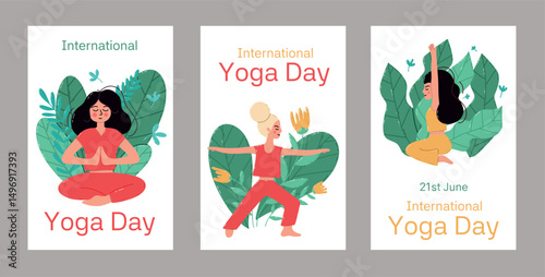Colorful Illustrations for International Yoga Day with Peaceful Yoga Poses. Illustrative designs celebrating International Yoga Day, featuring characters performing yoga poses in vibrant style amidst 