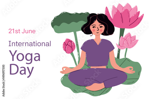 Woman Meditating for International Yoga Day Against Floral Background. Colorful artistic depiction of a woman meditating amidst serene nature, featuring lotus flowers and green foliage, emphasizing 