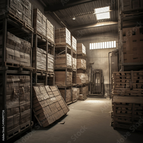 Shadowed Storage Dimly Lit Warehouse with Wooden Pallets