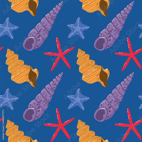 Vibrant Seamless Pattern With Sea Shells, Starfish, and Ocean-Themed Motifs. A colorful illustration featuring an ocean-themed pattern with sea shells, starfish, and marine details. The vibrant colors