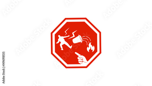 warning, does not extinguish fire water, red isolated silhouette