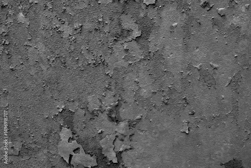 Black Concrete Wall Texture. Rough Painted Textured Surface. Black and Dark Gray Concrete Backgroud. Close up. Wall with Visible Irregular Brush Marks, Stains and Cracks.	