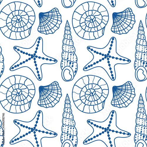 Seamless Pattern of Nautical Theme with Shells and Starfish. Hand-drawn pattern featuring various seashells and starfish in blue on a white background. Perfect for nautical, beach, and summer-themed 