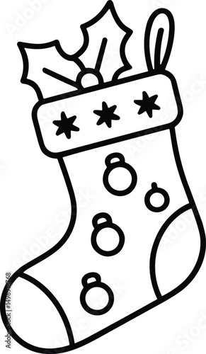Christmas Stocking with Holly and Ornaments – Line Art Vector Illustration