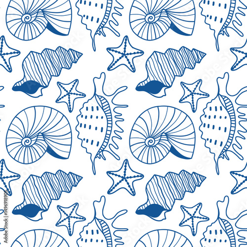 Seamless Pattern with Blue Nautical Seashells and Starfish Design on White Background. Stylish nautical-themed seamless pattern featuring intricately drawn blue seashells and starfish. 