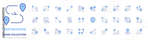 Destination icons collection. Line Duotone style, editable stroke. sedentary, train, location, route, destination, maps, travel, itinerary, business plan, tourist, location pin