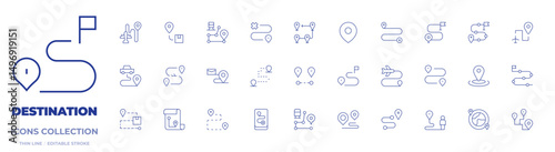 Destination icons collection. Thin Line icons, editable stroke. sedentary, train, location, route, destination, maps, travel, itinerary, business plan, tourist, location pin