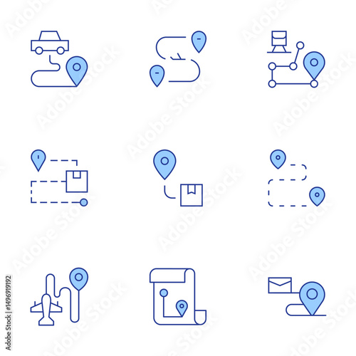 Destination icons set. Line Duotone style, editable stroke. sedentary, train, route, destination, maps