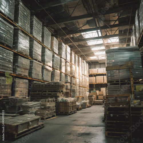 Bright Storage Spacious Warehouse with Stacked Pallets and Boxes