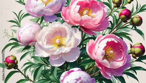 A Bouquet of Blooming Pink and White Peonies