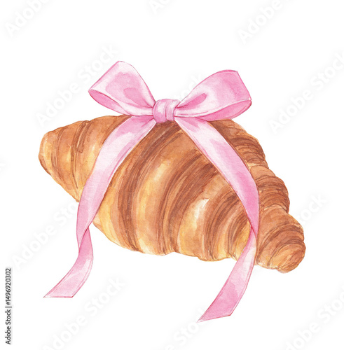 Obraz na plátně Watercolor coquette croissant with pink bow, French pastry