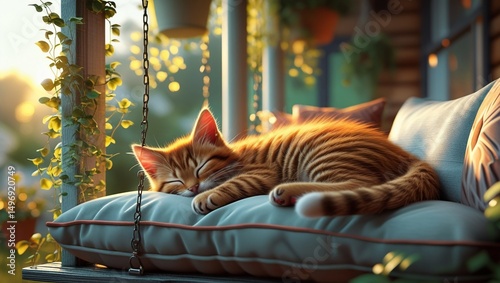 A cat napping peacefully on a porch swing bathed in sunlight