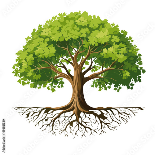 green oak tree with root system isolated on white vector nature graphic design