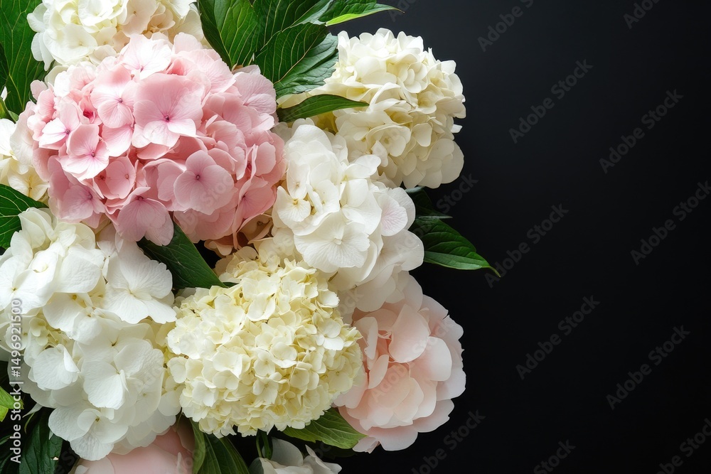 Obraz premium Pastel hydrangea bouquet on black background