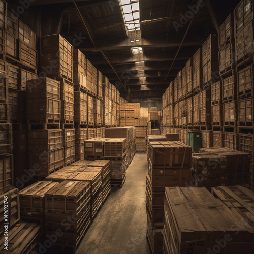 Dim Depths Warehouse Interior with Tall Stacks of Crates and Boxes