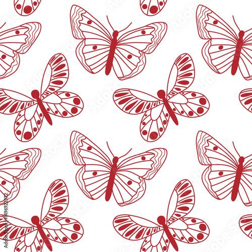 Red Butterfly Pattern on White Background with Decorative Details. Seamless red butterfly pattern illustrated on a white backdrop, featuring intricate, decorative details in a repeated motif. 
