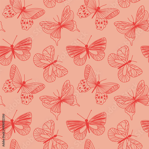 Seamless Pattern of Red Butterflies on Coral Background.  Illustration of a seamless pattern featuring detailed red butterflies on a coral background, perfect for designs related to nature, elegance