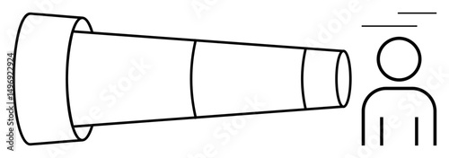 Telescope directed at individual symbolizing observation, exploration, focus, and insight. Ideal for strategy, innovation, discovery, vision leadership inspiration research. Flat simple metaphor