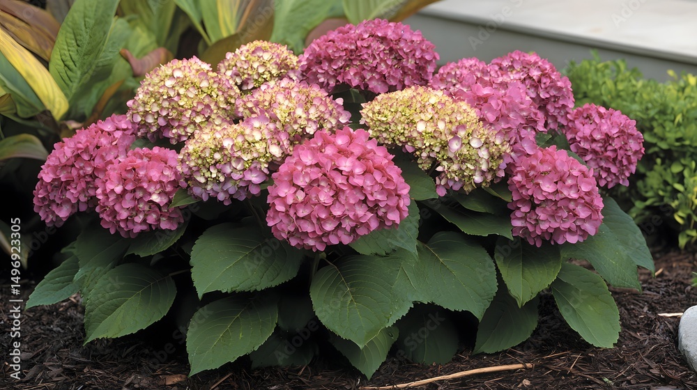 Obraz premium Vibrant Pink Hydrangea Bush Blooming in Garden