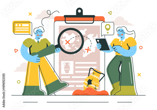 Archaeology Vector Illustration featuring an Archaeological Excavation of Ancient Ruins, Historical Artifacts, and Dinosaur Fossils in a Background