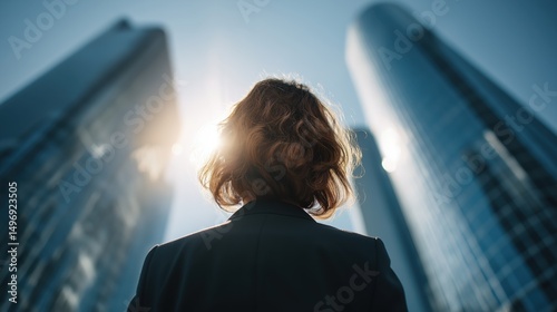 Rising Ambitions: A Businesswoman Faces the Skyscrapers of Success