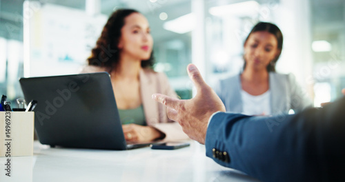 Hands, meeting and business people with discussion in interview for recruitment, deal or welcome. Communication, laptop and human resources employees with worker onboarding, agreement or promotion