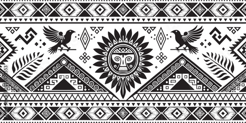 Black and white indigenous tribal aztec pattern seamless design