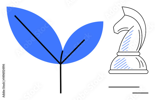 Leaf with branching stem alongside a chess knight piece symbolizes balance between growth, strategic planning, sustainable development, and competitiveness. Ideal for eco-business, strategy