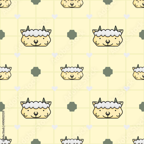 Seamless Pattern – Wooly Sheep Face with Soft Mint Heart Grid